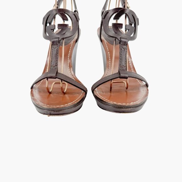 Gucci GG Interlock Cutout Wedge Sandals Size 7.5 Brown Leather Logo Platform - Picture 5 of 16